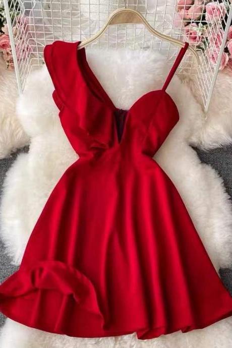 New style, sexy one shoulder dress, red dress , pompous party dress