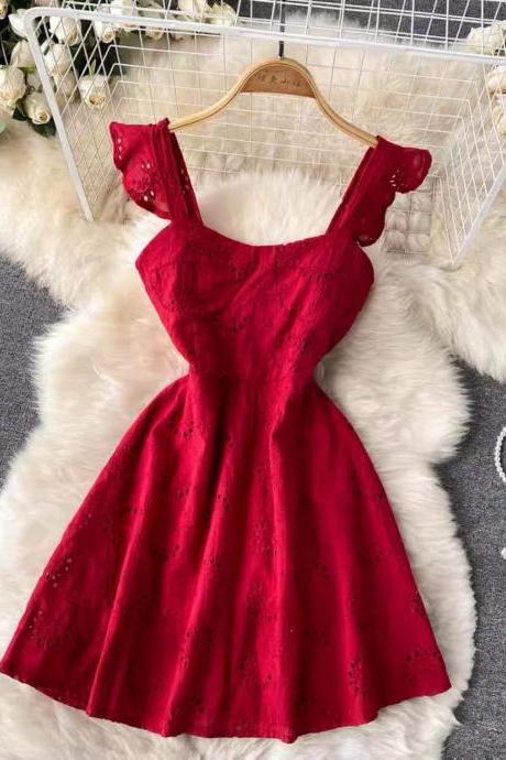 Vintage, hollowed-out embroidered halter dresses, short A-line dresses