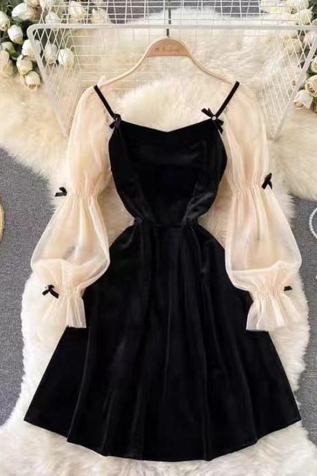 Sexy Halter Mesh Patchwork Dress, Waist Sweet Little Black Dress