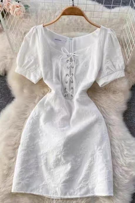 Spring, Cute, Bubble Sleeves, Slim, Short, Vintage Jacquard Dress