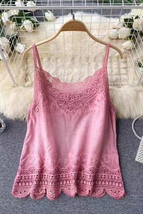 Vintage, Bohemian, heavy embroidery, lace, square collar, versatile halter top, sweet top