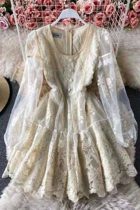 Vintage, bubble sleeve square collar lace A-line dress, gentle holiday fairy dress