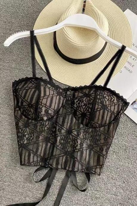 Bow Strap Top, Halter Backless, Sexy Lace Halter Tank Top, Fashion Temperament Sexy Short Top