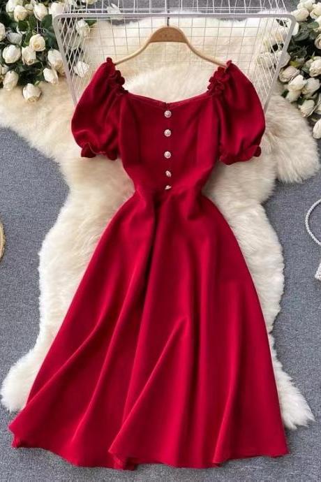 Red/black Dress, Bubble Sleeve Slim Dress, Vintage High Quaity Party Dress