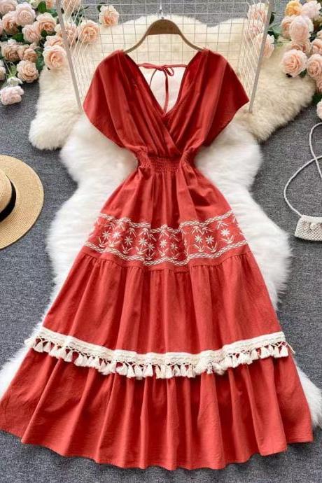 Bohemian, retro, ethnic, heavy embroidery, tassels, big swing slim mid-length holiday dress