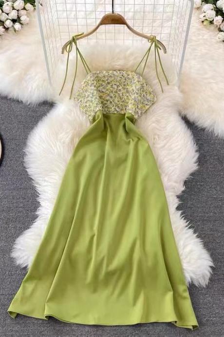 Vintage, 3d flowers, high waist, mid length dress , fashion spaghetti strap dress