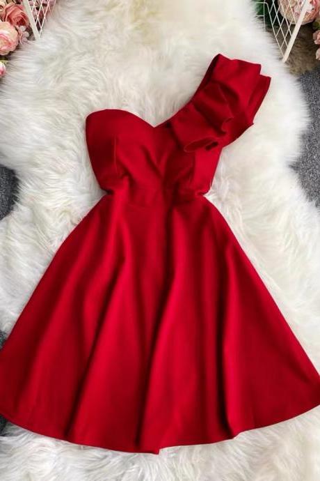Temperament pompous dress, one shoulder flounces dress, red little dress