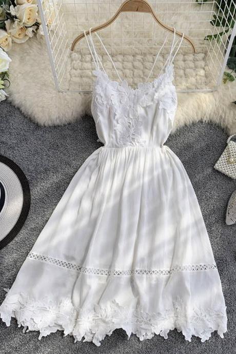 White dress, lace dress, halter backless dress, girl dress