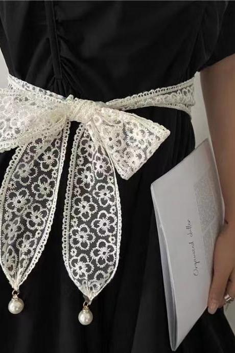 Temperament lace knot belt, pearl pendant long ribbon scarf, dress coat decorative waist chain