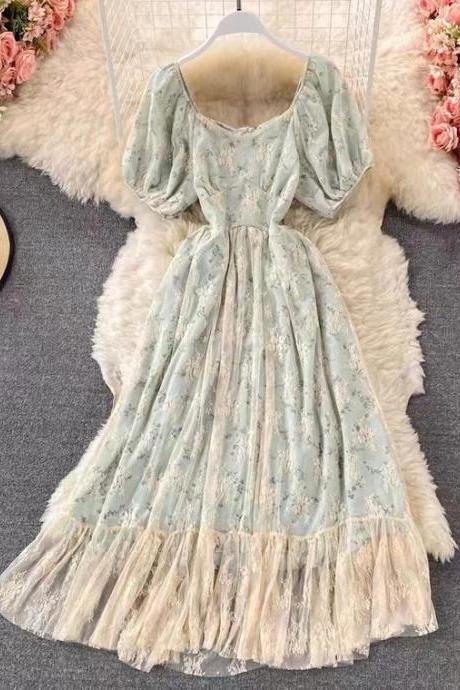 Vintage, sweet, tulle square collar dress, gentle flower dress, fairy princess dress