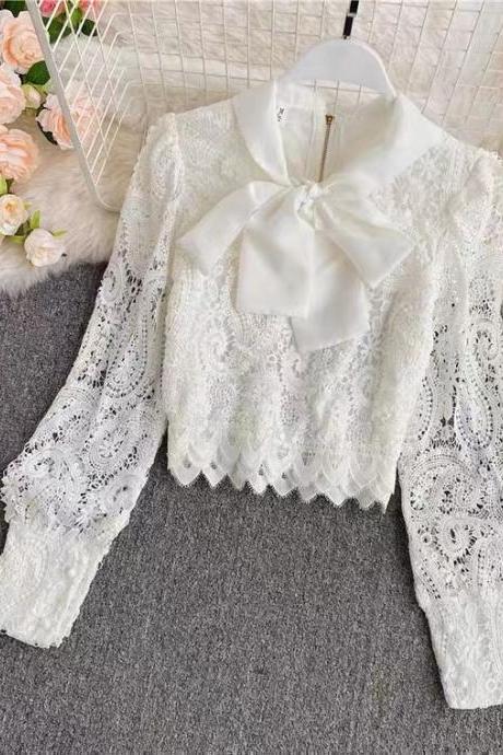Vintage, lace shirt, sexy, see-through, bow-tie short fashion top