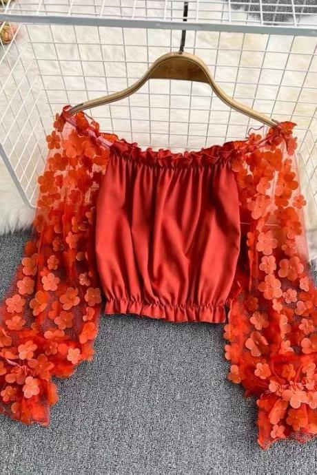 3D flowers, perspective mesh, spliced chiffon top, loose, waist, fashion, short off-the-shoulder top