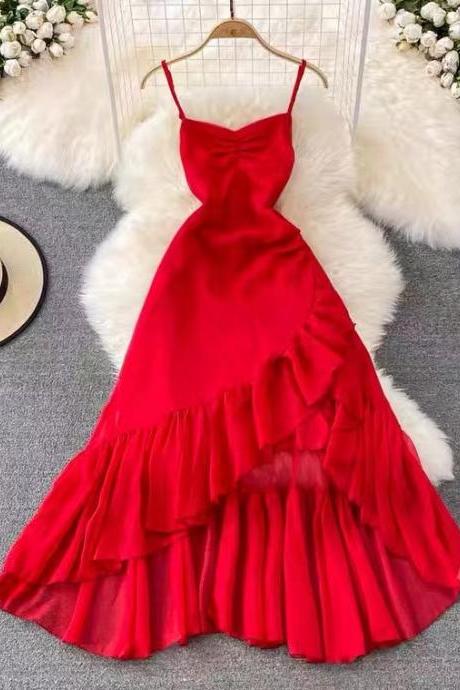 Fairy spaghetti strap dress ,Red dress, V-neck dress, beach holiday dress