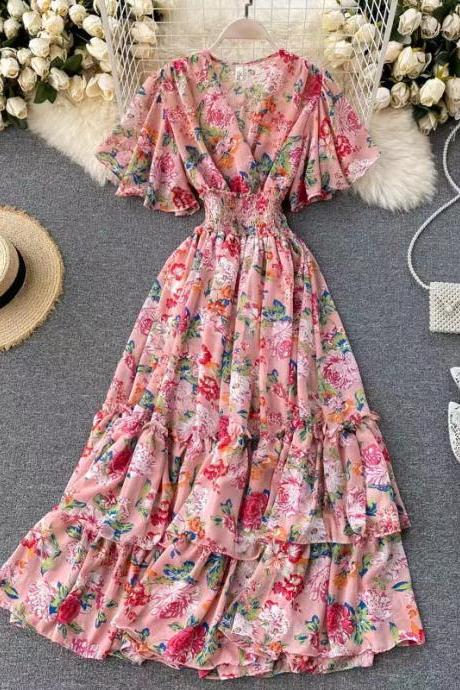 V-neck flounces dress, high-waisted dress, floral fairy dress
