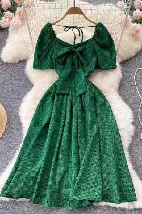 Vintage, bubble short sleeve dress, v-neck strap temperament dress