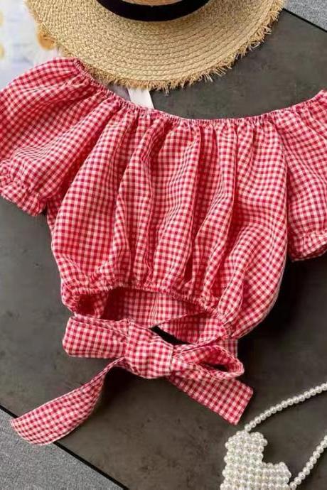 Sweet Plaid Top, Off Shoulder, Bubble Sleeve, Waist Revealing Sexy Crop Top