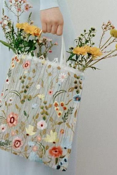 Spring And Summer,mesh Full Embroidery Flower, Single Shoulder Bag, Romantic Handbag, Tote Shopping Bag