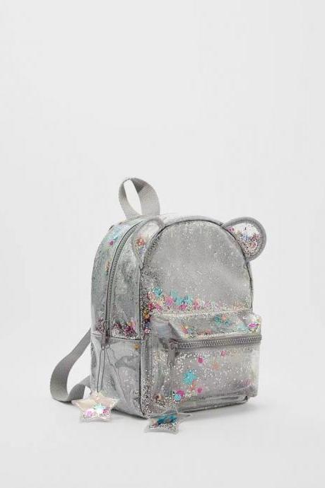 Silver cat ears, Sparkly pink Mini backpack, Lady/cute child, Sparkly pink sequins, star pendant, backpack