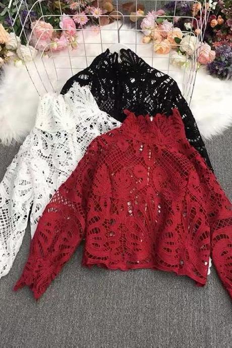 Cheap pullover lace shirt, hollow-out temperament top,fashionable lantern sleeve blouse