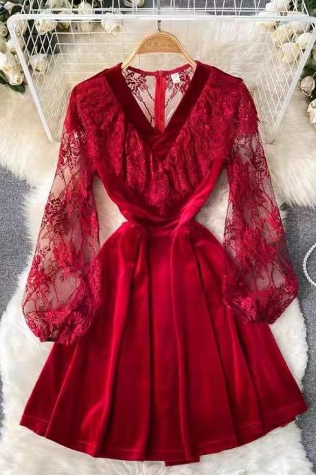 Socialite, Classy, V-neck Red Velvet Dress, High Grade Lace Dress