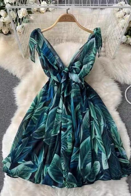 Beach Holiday Dress ,lace Strap Dress, Printed Chiffon Beach Dress
