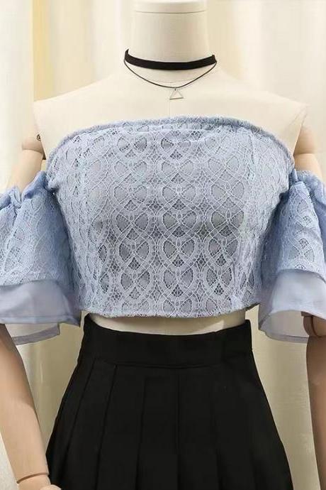 , Off Shoulder Crop Top. Short Slim Top, Lace Mesh Stitching, Small Shirt With Beautiful Back, Necklace