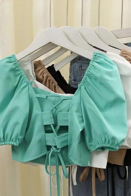 CHEAP ON SALE!Bow tie, drawstring tie short sleeve blouse, slim, crop top, bubble sleeve shirt,free necklace