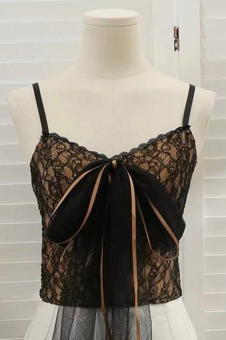 CHEAP ON SALE!Lace bow tank top, new , pleated, slim lace halter top,free one necklace