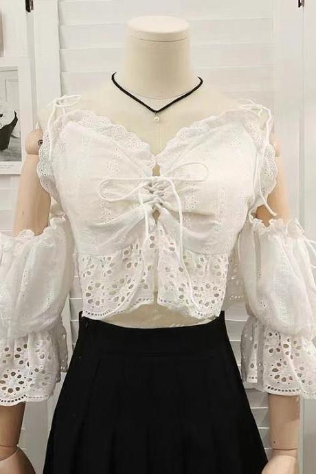 Summer, hollow out, ear edge, short crop shirt, new style, bow tie, lace horn sleeve top,free one necklace