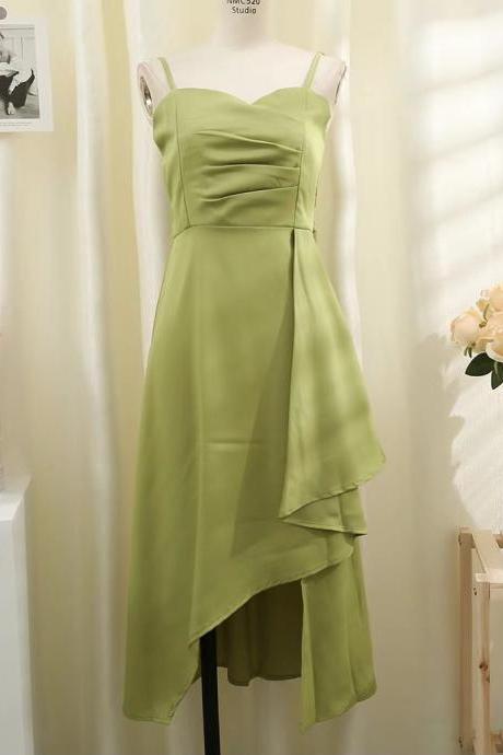 Pleated, High Waist, Slimming, Irregular Halter Dress Solid Color Versatile Dress With Beautiful Back