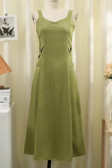 Waist Retraction, Slimming Medium Long Strap Dress, Pure Color Versatile Beautiful Back Strap Dress