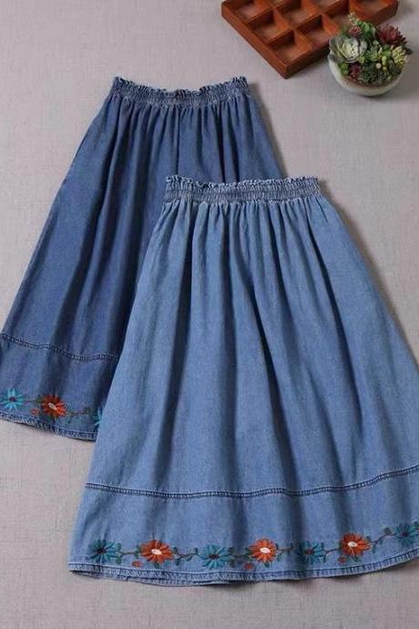 Embroidered hem jean skirt, spring/autumn style, high waist, slimming, embroidered A-line MIDI skirt
