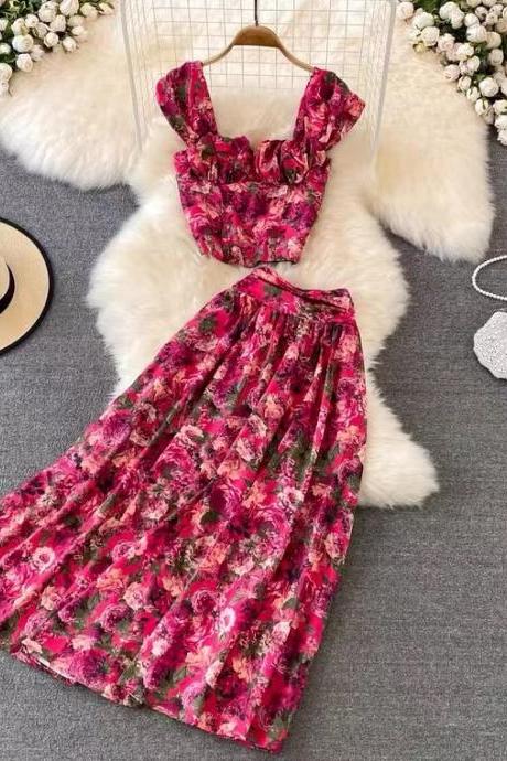 Seaside Holiday Fashionable Suit, High Waist ,slim, Long Printed Flower Skirt, Cute Short Crop Top
