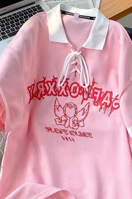 Pink, Retro, Chic, Angel Short Sleeve Polo Shirt, Summer, Loose, High Lapel T-shirt Top