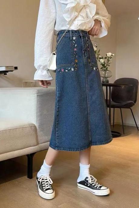 Spring and summer, new style, embroidered skirt, casual denim skirt