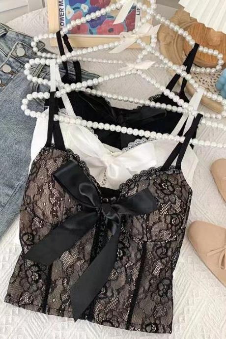 Spring/summer, Sexy, Versatile, Lace Bow Top, Lace Halter Tank Top, Slim Short Top