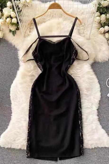 Black Socialite Dress, Slim Mid Length Halter Dress, Sexy Backless Dress