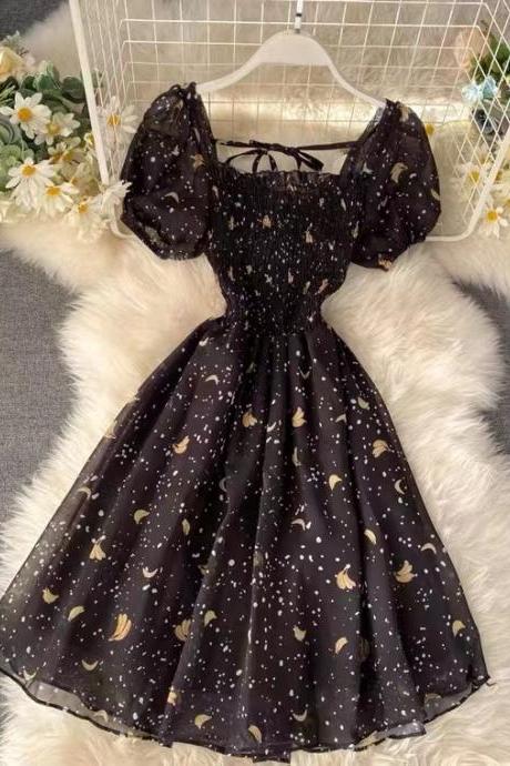 Black Dress, Vintage Square Neck Printed Dress
