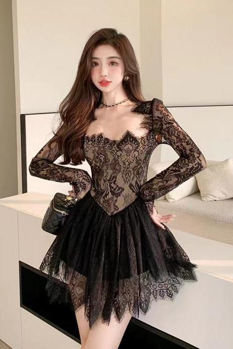 Cute Lace Dress, Long Sleeves, Square Collar,waist - Tight A-line Dress