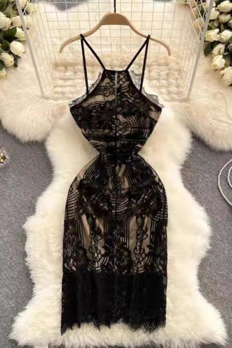 Halter Dress, Lace Hook Flower Dress,backless Sexy Slim Dress