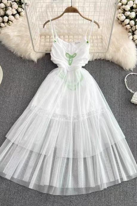 Temperament Fairy Dress, White Halter Dress, Fashion High Waist Mesh A Line Pompous Dress
