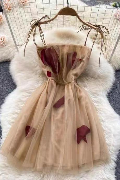 Cute Spaghetti Strap Dress, Fairy Sweet Temperament Short Dress, Applique Princess Dress