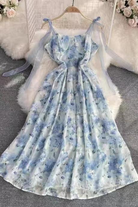 Floral Chiffon Halter Dress, Super Fairy Waist A-line Dress, Beach Holiday Long Dress