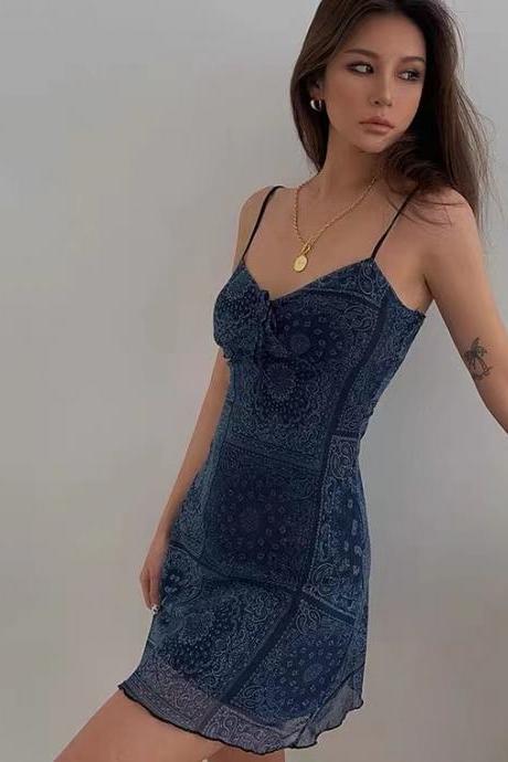 Charming, Sexy V-neck Blue Dress, Mesh Printed Slip Dress, Holiday Beach Dress