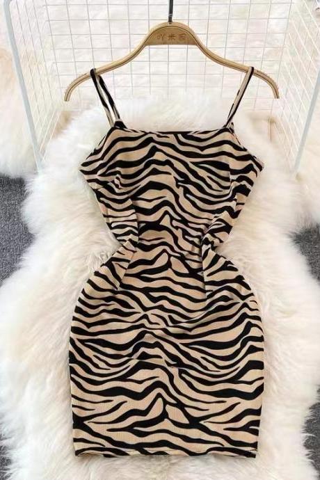 Vintage, Zebra Print Halter Dress, Slim, Sleeveless Backless Short Dress