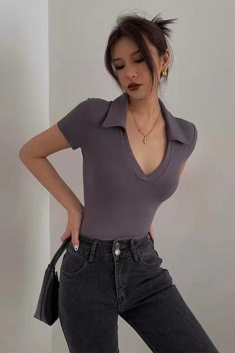 Sexy, Deep V Lapel, Short Sleeve T, Low Cut Clavicle Top