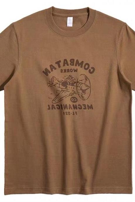 Vintage, Coffee Color Short Sleeve T Shirt, Summer, Printed T-shirt, Chic Loose Half Sleeve Shirt