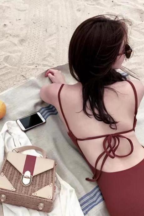 Classy, sexy, vintage, Burgundy backless, strappy, small-breasted one-piece bikini