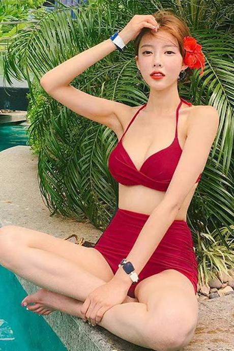 Sexy, high-waisted, steel-buttoned two-piece bikini, spa swimsuit