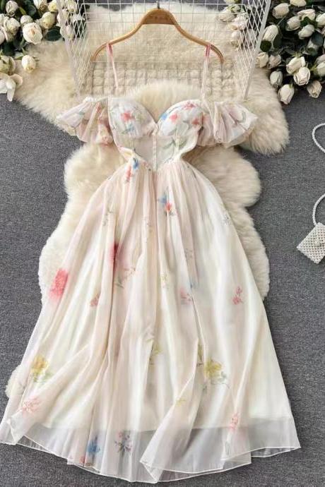 Sexy Strapless Dress, Off-shouldered Fairy Dress, High-waisted Printed Dress